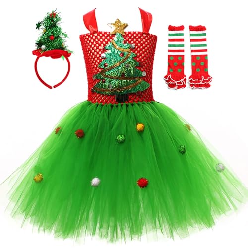 Windskids Mädchen Weihnachtskostüm Prinzessin Partykleid Tütü Tüllkleid mit Kapuzenumhang Socken Stirnband für Weihnachten Karneval Party Glitzer Festzug Weihnachtsbaum Kostüm Verkleidung, 2-12 Jahre von Windskids