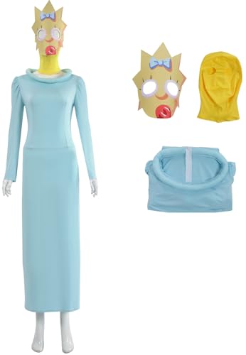 Windskids Maggie Kostüm Damen Cosplay Maggie Simpson Langarm Kleid mit Kapuze Maske Set für Fancy Dress Up Halloween Karneval Party Geburtstag Maskerade Performance Verkleidung von Windskids