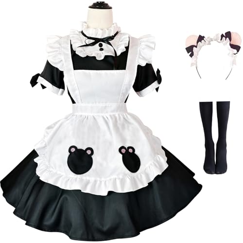 Windskids Maid Cosplay Kostüm Damen Verkleidung Anime Lolita Kawaii Bär Maid Dress Café Kellner Dienstmädchen Kleid mit Zubehör Set 4PCS für Fancy Dress Up Halloween Karneval Party Hausmädchen Kostüm von Windskids