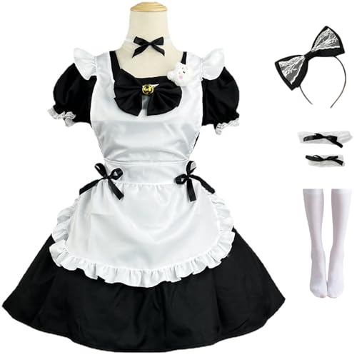 Windskids Maid Cosplay Kostüm Damen Verkleidung Anime Lolita Kawaii Maid Dress Café Kellner Dienstmädchen Kleid mit Zubehör Set 6PCS für Fancy Dress Up Halloween Karneval Party Hausmädchen Costume von Windskids