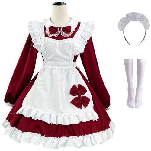 Windskids Maid Dress Kostüm Damen Verkleidung Anime Lolita Kawaii Dienstmädchen Kostüm Café Kellner Schürzen Kleid Stirnband Socken Set für Fancy Dress Up Halloween Karneval Party Maskerade Costume von Windskids