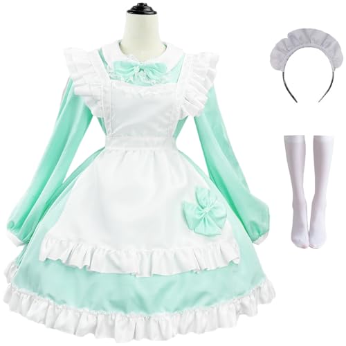 Windskids Maid Dress Kostüm Damen Verkleidung Anime Lolita Kawaii Dienstmädchen Kostüm Café Kellner Schürzen Kleid Stirnband Socken Set für Fancy Dress Up Halloween Karneval Party Maskerade Costume von Windskids