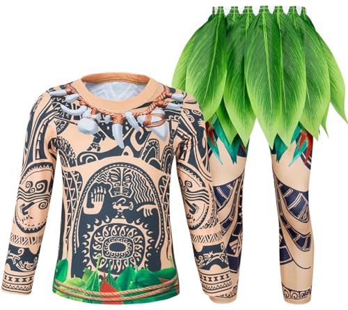 Windskids Maui Kostüm Jungen Cosplay Moanna Halbgott Maui Drucke Loungewear Pyjamas Top und Hose mit Blattgürtel für Kinder Halloween Karneval Party Geburtstag Performance Verkleidung, 2-10 Jahre von Windskids