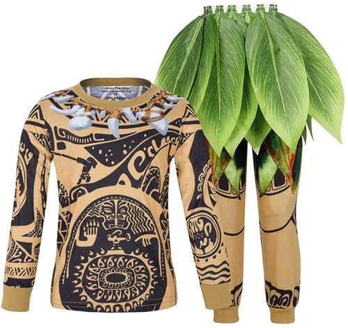 Windskids Maui Kostüm Jungen Cosplay Moanna Halbgott Maui Loungewear Pyjamas Drucke Top und Hose mit Blattgürtel für Kinder Halloween Karneval Party Geburtstag Performance Verkleidung, 2-10 Jahre von Windskids