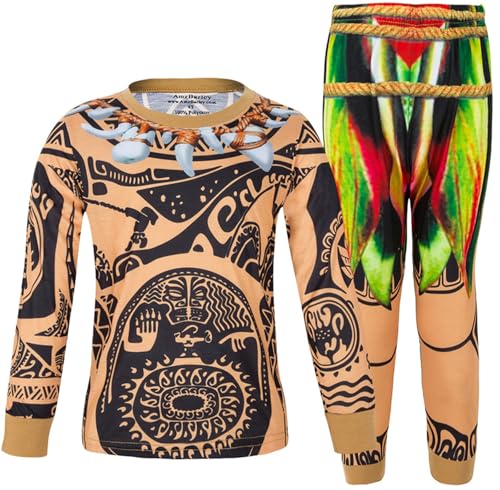 Windskids Maui Kostüm Jungen Cosplay Moanna Halbgott Maui Loungewear Pyjamas Drucke Top und Hose mit Blattgürtel für Kinder Halloween Karneval Party Geburtstag Performance Verkleidung, 2-10 Jahre von Windskids