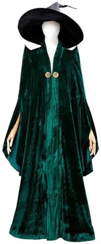 Windskids McGonagall Kostüm mit Hut Damen Cosplay Zauberschule Wizard Minerva McGonagall Vintage Samt Robe für Halloween Karneval Geburtstag Party Maskerade Performance Verkleidung, Dunkelgrün von Windskids