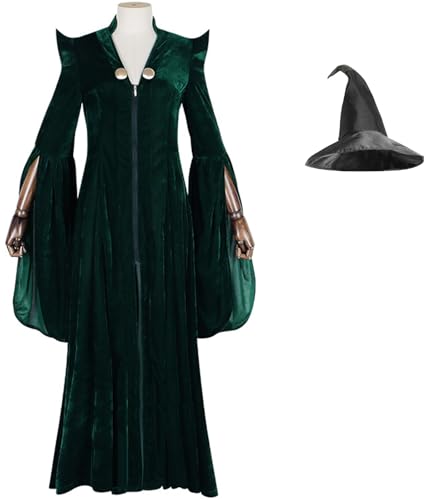 Windskids McGonagall Kostüm mit Hut Damen Cosplay Zauberschule Wizard Minerva McGonagall Vintage Samt Zip Robe für Halloween Karneval Geburtstag Party Maskerade Performance Verkleidung, Dunkelgrün von Windskids