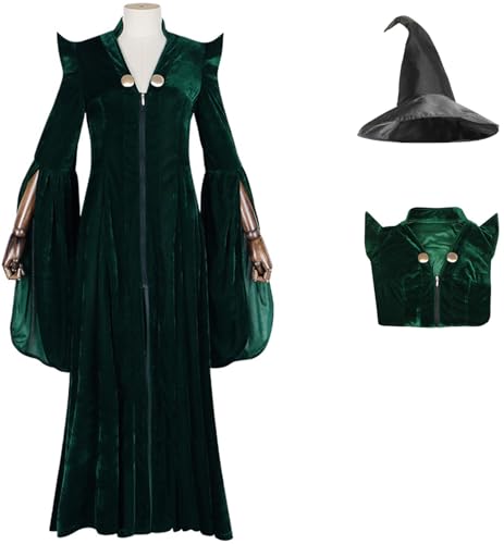 Windskids McGonagall Kostüm mit Hut Damen Cosplay Zauberschule Wizard Minerva McGonagall Vintage Samt Zip Robe für Halloween Karneval Geburtstag Party Maskerade Performance Verkleidung, Dunkelgrün von Windskids