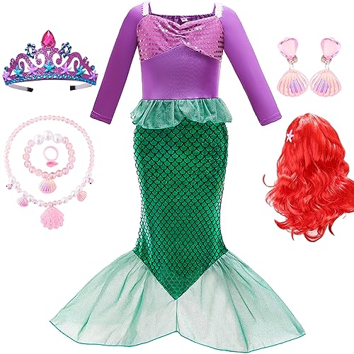 Windskids Meerjungfrau Kostüm Mädchen Ariel Prinzessin Meerjungfrau Langarm Festkleid und Perücken Zubehör für Kinder Halloween Weihnachten Karneval Geburtstag Party Cosplay Fasching Ballkleid Outfit von Windskids