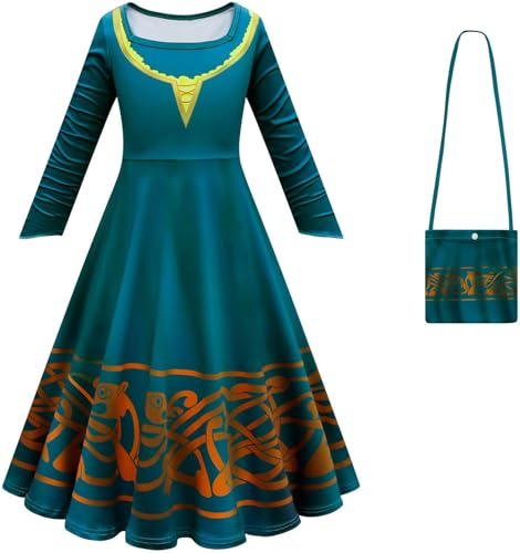 Windskids Merida Kostüm Mädchen Cosplay Tapfer Prinzessin Merida Langärmeliges Abendkleid mit Umhang Tasche Anzug für Halloween Weihnachten Karneval Party Geburtstag Maskerade Performance Verkleidung von Windskids