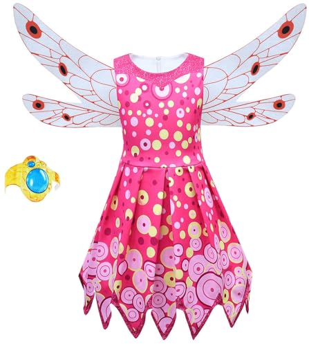 Windskids Mia Kostüm Mädchen Cosplay Mia Rosa Elf Prinzessin Kleid mit Flügeln und Hose Armbänder Anzug für Halloween Weihnachten Karneval Party Geburtstag Maskerade Performance Verkleidung von Windskids