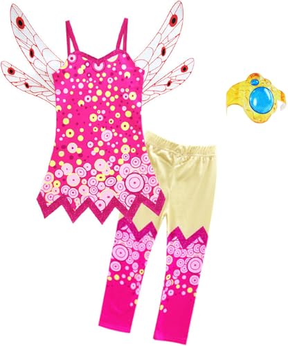 Windskids Mia Kostüm Mädchen Cosplay Mia Rosa Elf Prinzessin Trägerkleid mit Flügeln und Hose Armbänder Anzug für Halloween Weihnachten Karneval Party Geburtstag Maskerade Performance Verkleidung von Windskids