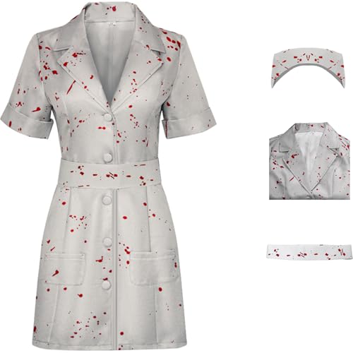 Windskids Nurse Kostüm Damen Game Silent Cosplay Hill Alchemilla Hospital Nurse Blutfleckenkleid mit Hut Gürtel Anzug für Halloween Karneval Geburtstag Party Maskerade Performance Verkleidung von Windskids