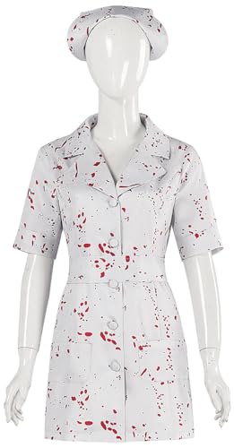 Windskids Nurse Kostüm mit Hut Damen Game Silent Cosplay Hill Alchemilla Hospital Nurse Blutfleckenkleid und Gürtel Anzug für Halloween Karneval Geburtstag Party Maskerade Performance Verkleidung von Windskids