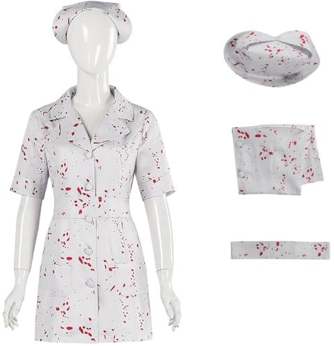 Windskids Nurse Kostüm mit Hut Damen Game Silent Cosplay Hill Alchemilla Hospital Nurse Blutfleckenkleid und Gürtel Anzug für Halloween Karneval Geburtstag Party Maskerade Performance Verkleidung von Windskids