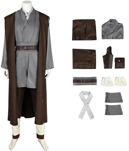 Windskids Obi Wan Kostüm Herren Cosplay Planet Krieg 1 Jedi Knight Obi Wan Kenobi Deluxe Komplett Uniform mit Zubehör Anzug für Halloween Karneval Geburtstag Party Maskerade Performance Verkleidung von Windskids