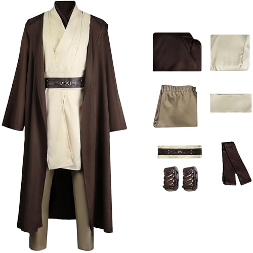 Windskids Obi Wan Kostüm Herren Fasching Cosplay Planet Krieg 3 Jedi Knight Obi Wan Kenobi Deluxe Komplett Uniform für Halloween Karneval Party Geburtstag Maskerade Performance Verkleidung von Windskids