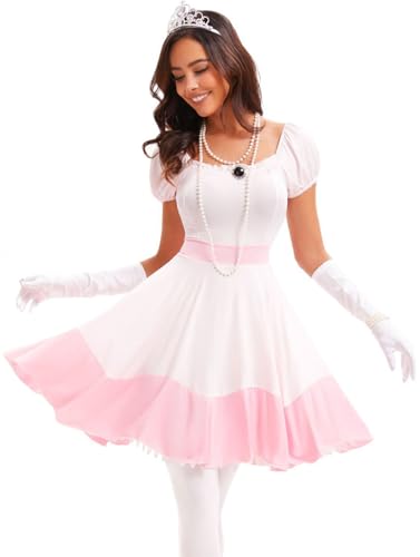 Windskids Peach Cosplay Kostüm Damen Fasching Prinzessin Pfirsich Kurz Abendkleid mit Zubehör Weihnachten Karneval Halloween Party Fest Geburtstag Kostüm Verkleidung, Rosa von Windskids