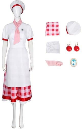 Windskids Peach Kostüm Damen Cosplay Game Peach Showtime Chefkonditor Komplett Uniform mit Hut Ohrringe Brosche Anzug 6 Stück für Halloween Karneval Geburtstag Party Maskerade Performance Verkleidung von Windskids