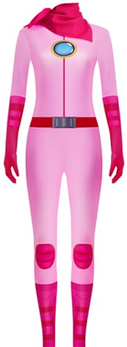 Windskids Peach Kostüm Damen Cosplay Game Prinzessin Peach Rosa Druck Jumpsuit mit Halstuch Anuzg für Halloween Karneval Party Maskerade Anime Performance Verkleidung von Windskids