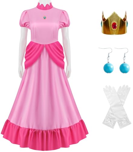 Windskids Peach Kostüm mit Krone Damen Fasching Prinzessin Pfirsich Maxi Abendkleider und Ohrringe Handschuhe Anzug 4 Stück für Halloween Weihnachten Karneval Party Geburtstag Maskerade Verkleidung von Windskids