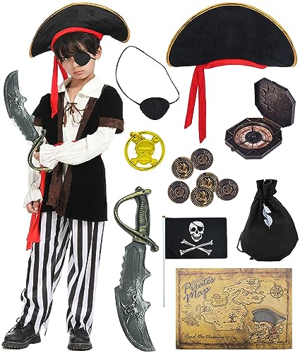 Windskids Piratenkostüm Jungen Mädchen mit Piraten Zubehör Piratenhut Augenschutz Kompass Schatzkarte Goldmünzen Piratenflagge Ohrringe Verkleidung Halloween Karneval Fasching Kostüm für Kinder von Windskids