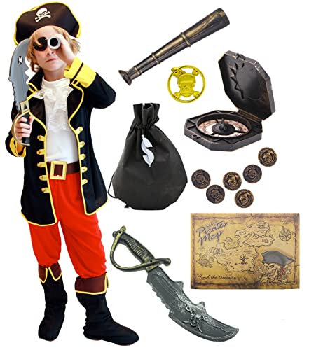 Windskids Piratenkostüm Kinder Jungen mit Augenmaske Kompass Schatzkarte Fernrohr Piraten Zubehöre Halloween Karneval Party Verkleidung Costume für Kinder Größe S-XL von Windskids