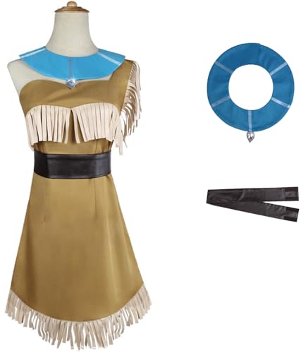 Windskids Pocahontas Kostüm Damen Cosplay Pocahontas Indische Prinzessin Matoaka Kleider und Halskette Gürtel Anzug 3 Stück für Halloween Karneval Party Maskerade Performance Verkleidung von Windskids