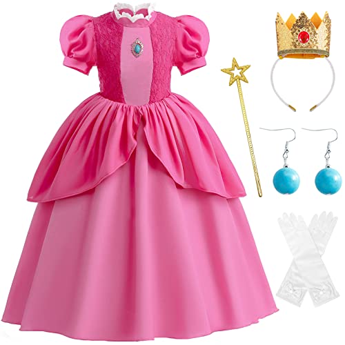 Windskids Princess Peach Kleid mit Zubehör Mädchen Pfirsich Prinzessin Rosa Prinzessin Kleid Verkleidung Fasching Geburtstag Halloween Party Karneval Ankleiden Cosplay Outfit Alter 3-9 Jahre von Windskids