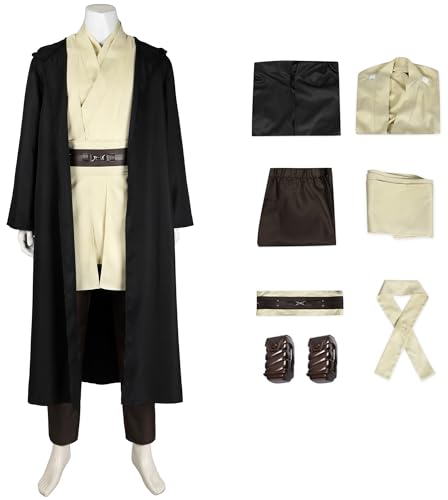 Windskids Qui Gon Jinn Kostüm Herren Fasching Cosplay Planet Krieg 1 Jedi Knight Qui Gon Jinn Deluxe Komplett Uniform für Halloween Karneval Party Geburtstag Maskerade Performance Verkleidung von Windskids