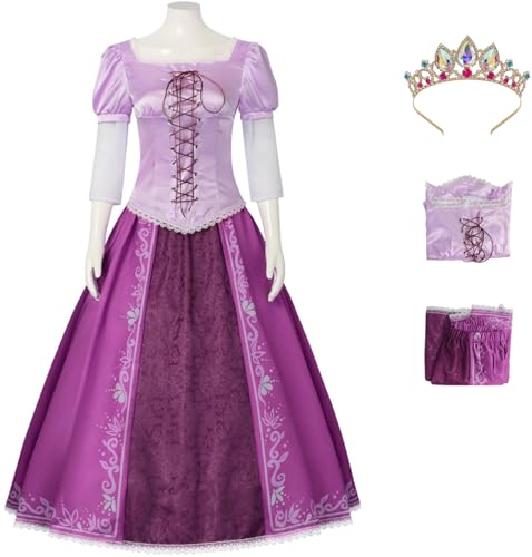 Windskids Rapunzel Kostüm mit Krone Damen Fasching Cosplay Prinzessin Rapunzel Schnürballkleid Oberteil und Rock Anzug für Halloween Weihnachten Karneval Geburtstag Partykleid Fest Verkleidung, Lila von Windskids