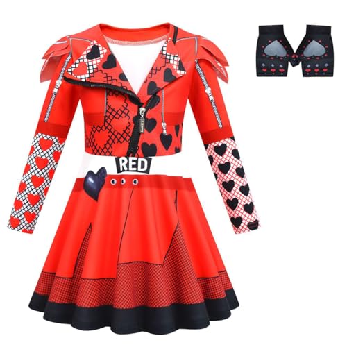 Windskids Red Kostüm Mädchen Fasching Cosplay Descendants Rise of Red Drucke Kleid und Hose Handschuhe für Kinder Halloween Karneval Party Geburtstag Maskerade Performance Verkleidung, Rot von Windskids