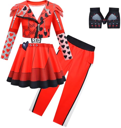 Windskids Red Kostüm Mädchen Fasching Cosplay Descendants Rise of Red Drucke Kleid und Hose Handschuhe für Kinder Halloween Karneval Party Geburtstag Maskerade Performance Verkleidung, Rot von Windskids