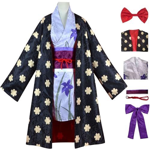 Windskids Robin Kostüm Damen Cosplay Anime Piraten Könige Nico Robin Komplett Deluxe Uniform Kimono mit Kopfbedeckung Set 6 Stück für Halloween Karneval Party Maskerade Performance Verkleidung von Windskids