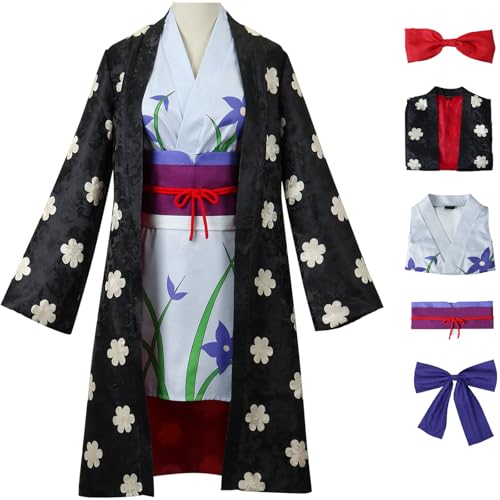 Windskids Robin Kostüm Damen Cosplay Anime Piraten Könige Nico Robin Komplett Uniform Kimono mit Kopfbedeckung Set 5 Stück für Halloween Karneval Party Geburtstag Maskerade Performance Verkleidung von Windskids