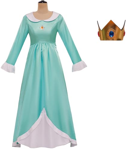 Windskids Rosalina Kostüm mit Krone Damen Fasching Cosplay Prinzessin Rosalina Maxi Abendkleid für Fancy Dress Up Halloween Weihnachten Karneval Geburtstag Party Maskerade Performance Verkleidung von Windskids