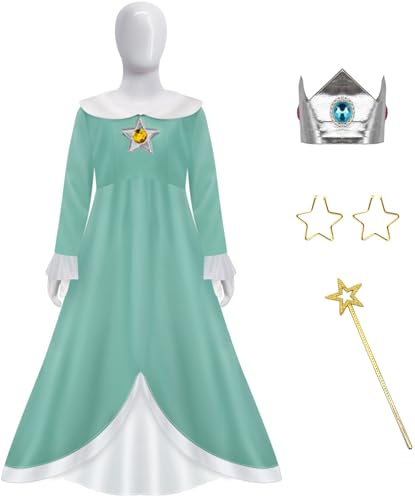 Windskids Rosalina Kostüm mit Krone Mädchen Fasching Prinzessin Rosalina Maxi Abendkleider und Ohrringe Wand Anzug 4 Stück für Halloween Weihnachten Karneval Party Geburtstag Maskerade Verkleidung von Windskids