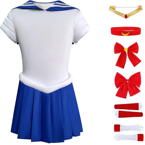 Windskids Sailor Moon Kostüm Damen Cosplay Anime Sailor Moon Kampf Uniform mit Zubehör Fancy Dress Up Halloween Weihnachten Karneval Party Geburtstag Maskerade Performance Verkleidung, Groß XS-5XL von Windskids