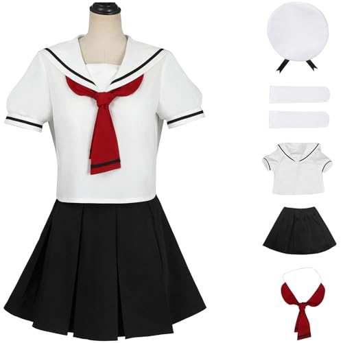 Windskids Sakura Kostüm Damen Cosplay Anime Kulo Kinomoto Sakura JK Schuluniformen Top Rock Fliege mit Hut Socken Set für Halloween Karneval Party Geburtstag Maskerade Performance Verkleidung von Windskids