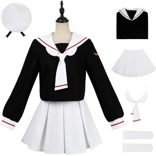 Windskids Sakura Kostüm Damen Cosplay Anime Kulo Kinomoto Sakura Matrose JK Schuluniformen Top Rock Fliege mit Hut Socken Set für Halloween Karneval Party Geburtstag Maskerade Performance Verkleidung von Windskids