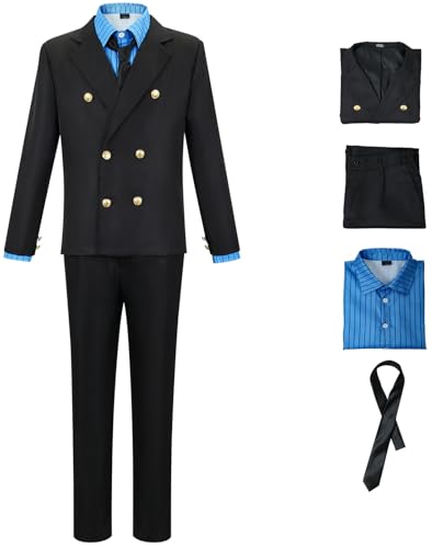 Windskids Sanji Kostüm Herren Cosplay Anime Piraten Könige Sanji Smoking Uniform Jacke Hemd Hose Krawatte Set für Halloween Karneval Party Geburtstag Maskerade Comic Con Performance Verkleidung, Blau von Windskids