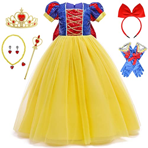 Windskids Schneewittchen Kostüm Mädchen Prinzessin Kleid mit Zubehör Verkleidung Snow White Schleife Pailletten Abendkleid Cosplay Weihnachten Fasching Halloween Geburtstagsfeier Festkleid 3-9 Jahre von Windskids