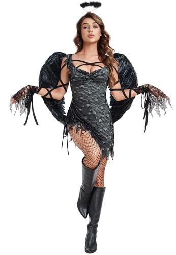 Windskids Schwarzer Engel Kostüm mit Flügel Damen Fasching Cosplay Vampir Dämon Zombie Geisterbraut Gefallene Engel Kurz Gothic Kleid Anzug 4 Stück für Halloween Karneval Party Maskerade Verkleidung von Windskids