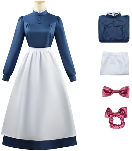 Windskids Sophie Kostüm Damen Cosplay Anime Howl Moving Castle Sophie Dienstmädchen Uniform Langarm Kleid mit Kopfbedeckung Set für Halloween Karneval Party Maskerade Performance Maid Verkleidung von Windskids