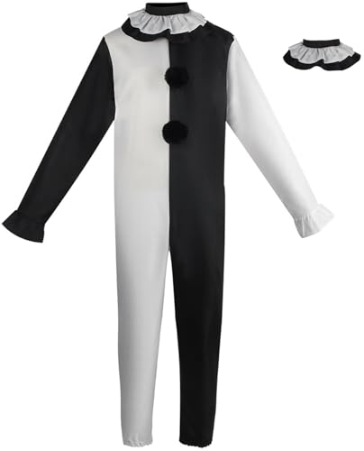 Windskids Terrifier Clown Kostüm Erwachsene Fasching Cosplay Nachtmörder Terror Scary Terrifier Clown Outfit Jumpsuit und Halstuch für Halloween Karneval Party Maskerade Verkleidung, Schwarz und Weiß von Windskids