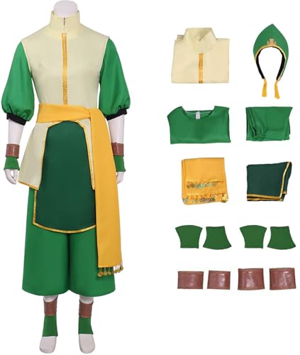 Windskids TophBeifong Kostüm Damen Cosplay Anime Avatar TophBeifong Kung Fu Deluxe Komplett Uniform mit Zubehör für Halloween Karneval Party Geburtstag Maskerade Performance Verkleidung, Grün von Windskids