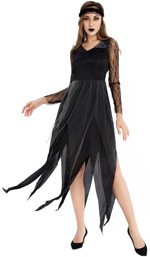 Windskids Vampirbraut Kostüm Damen Fasching Cosplay Vampir Hexe Zombie Geisterbraut Gothic Kleid mit Zubehör Halloween Karneval Party Maskerade Verkleidung, Schwarz von Windskids