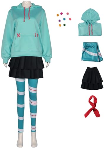 Windskids Vanellope Kostüm Damen Cosplay Candy Prinzessin Vanellope Hoodie und Rock Strumpfhose Tiara Anzug 5 Stück für Halloween Karneval Geburtstag Party Maskerade Performance Verkleidung von Windskids