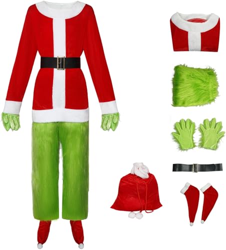 Windskids Weihnachtsmann Grinch Kostüm mit Glückstasche Herren Cosplay Santa Claus Outfit mit Zubehör Anzug 6 Stück für Halloween Karneval Geburtstag Party Maskerade Performance Verkleidung von Windskids