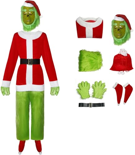 Windskids Weihnachtsmann Grinch Kostüm mit Maske Herren Cosplay Santa Claus Outfit mit Zubehör Anzug 7 Stück für Halloween Karneval Geburtstag Party Maskerade Performance Verkleidung von Windskids